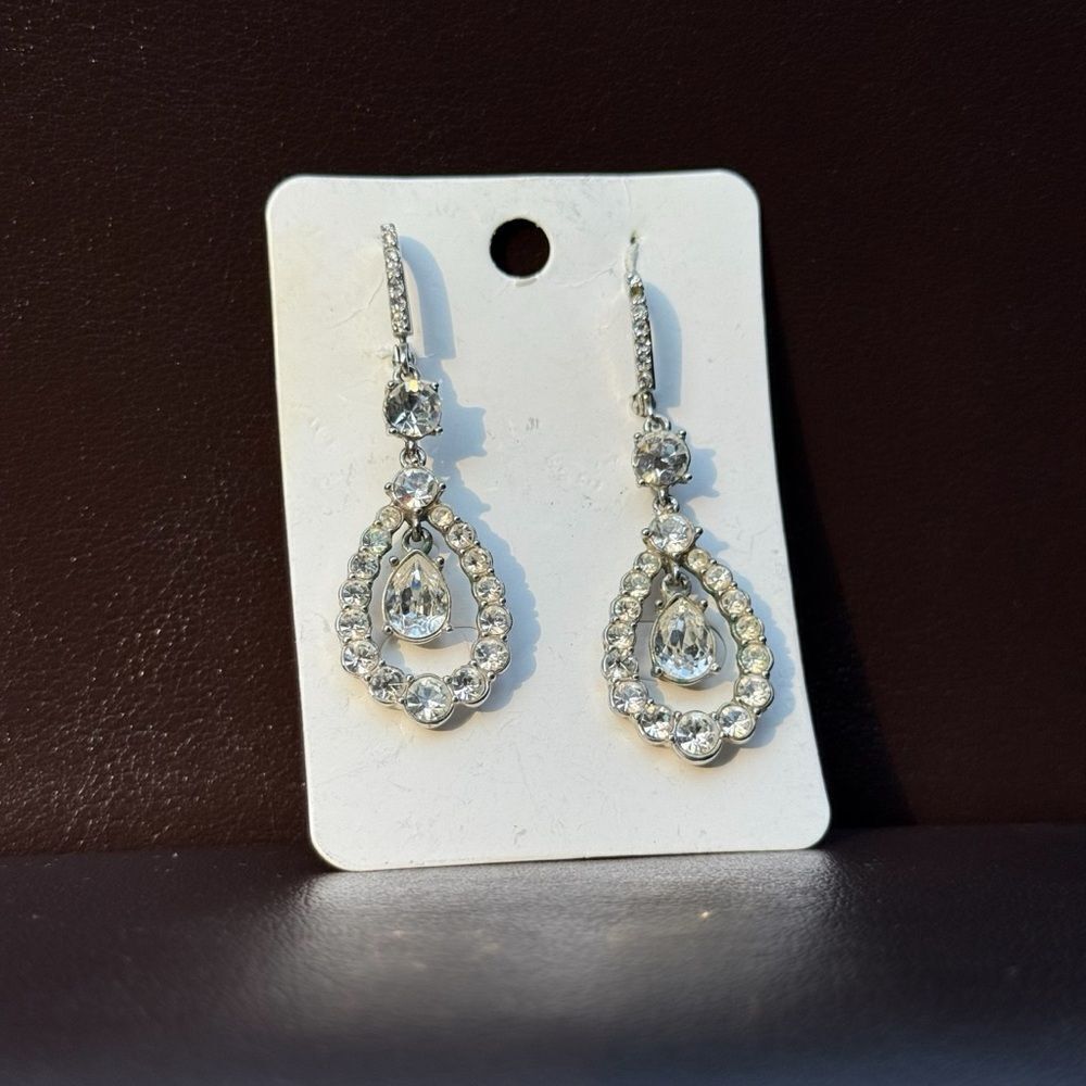 WOMEN’S SILVER &CRYSTAL TEARDROP STATEMENT EARRINGS – GLAM SPARKLE DANGLES 2.3”